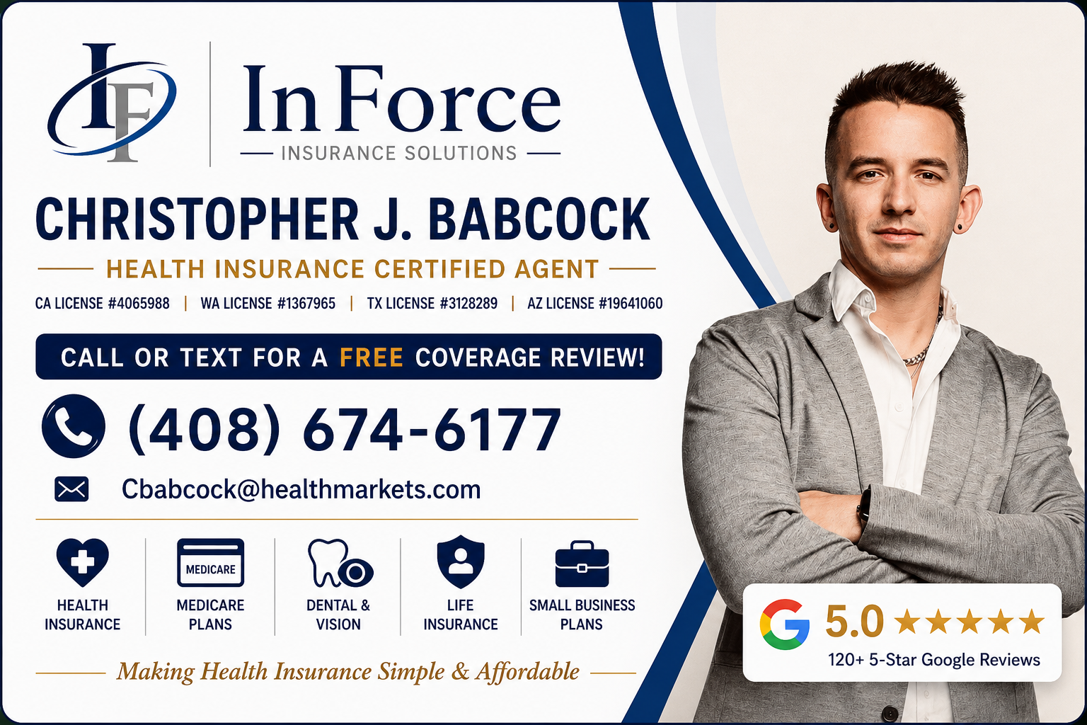 Digital business card for Christopher J. Babcock, In Force Insurance Solutions — call or text (408) 674-6177 for a free coverage review